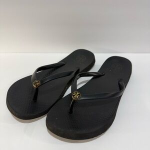 Tory Burch Black Flip Flop Sandals with Gold Logo Accent